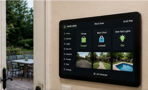 Back door control screen showing garage, door locks and cameras