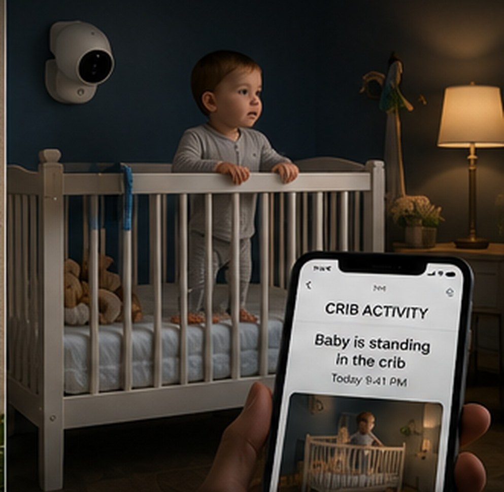 Baby standing in a crib with a phone showing a crib activity alert
