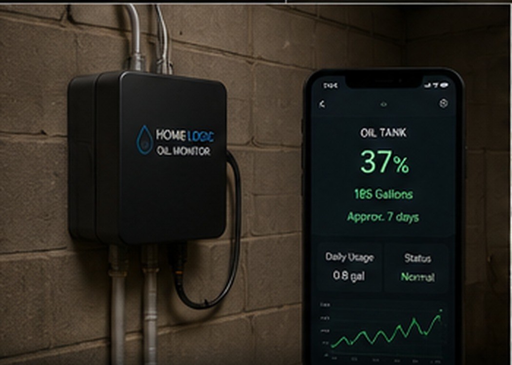 Heating oil monitor and phone app showing tank level