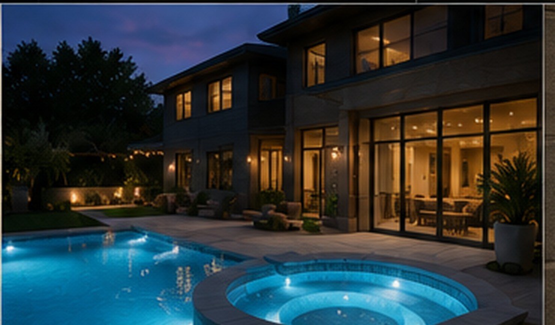 Backyard pool and spa lit at dusk beside a modern home