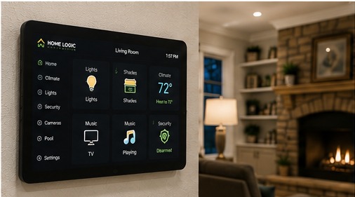 Living room control screen with lighting, shades, climate and music