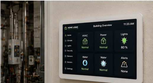 Building overview screen mounted beside mechanical equipment